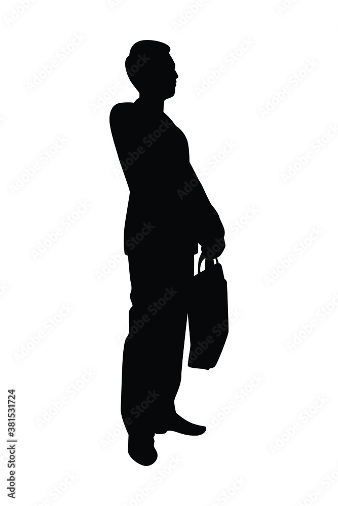 Business man with briefcase silhouette vector, person isolated in black and white.