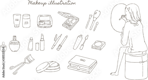 化粧する女性とメイク道具の線画イラストセット
