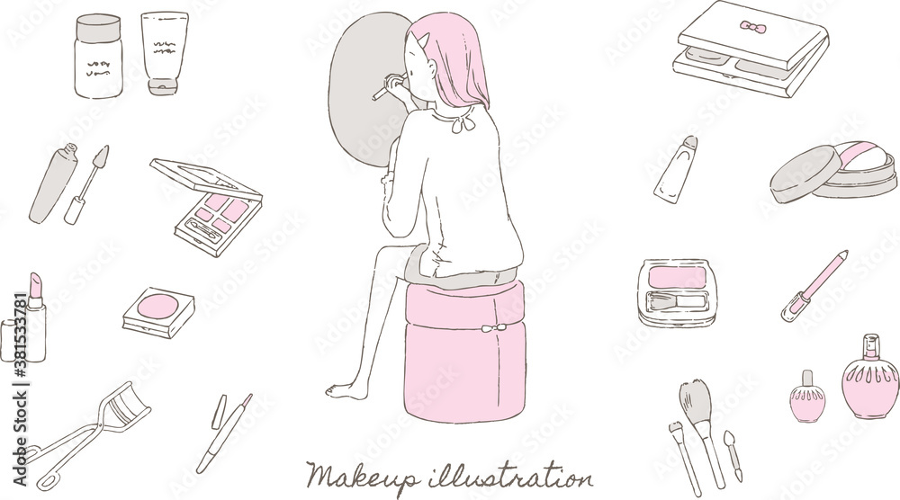 化粧する女性とメイク道具のイラストセット Stock 벡터 Adobe Stock