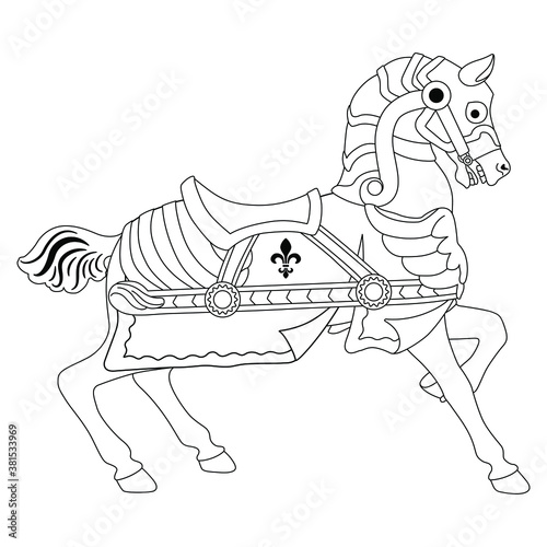  Vintage horse in knight armor. Black and white linear silhouette.
