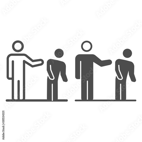 Silhouette of white man kick black man line and solid icon, Black lives matter concept, BLM racial fight sign on white background, One person kick another icon in outline style. Vector graphics.
