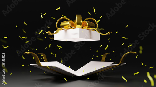 3d rendering white gift box bomb with gold ribbon, black Friday, Christmas, happy new year. Happy birthday, boxing day..