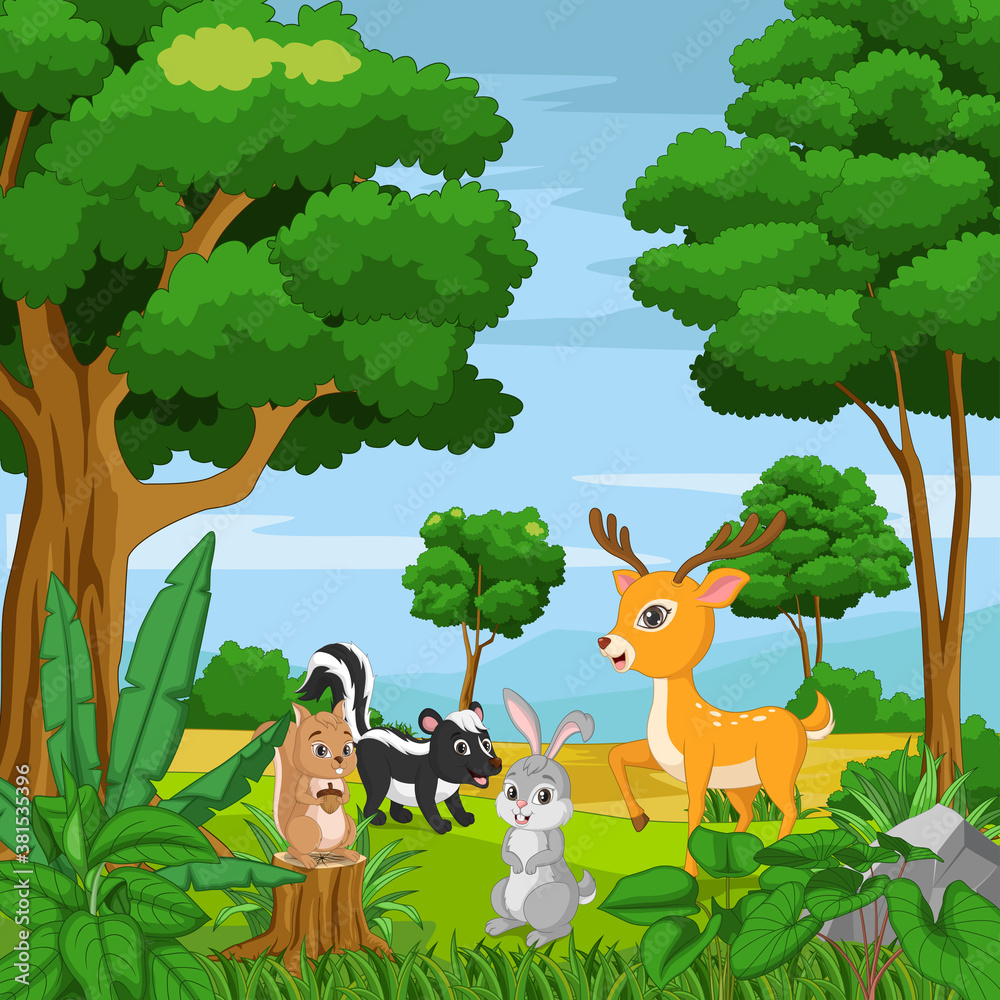Naklejka premium Cartoon happy animals in the jungle background