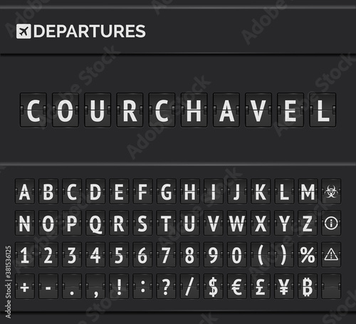 Analog timetable flip font. Arrivals airport board with alphabet, numbers and symbols isolated on black background. Web banner graphic concept. Vector illustration of scoreboard