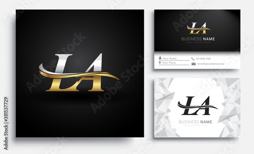 initial letter LA logotype company name colored gold and silver swoosh design. Vector sets for business identity on white background.