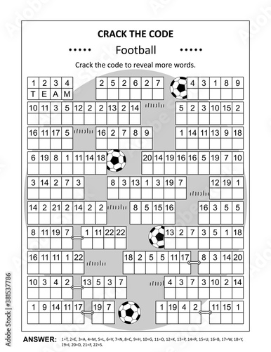 Crack the code word game, or codebreaker word puzzle, with various football related words and phrases. Answer included.
