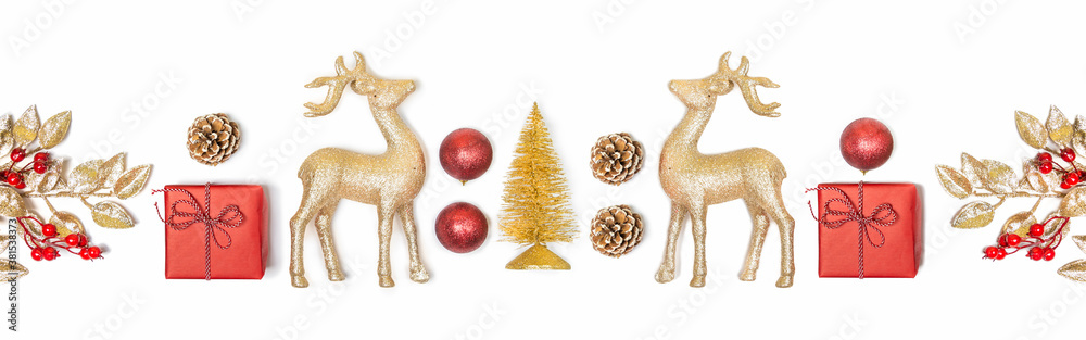 Christmas banner - gift box, mistletoe, fircones,reindeer and christmas balls in golden and red colors over white background.