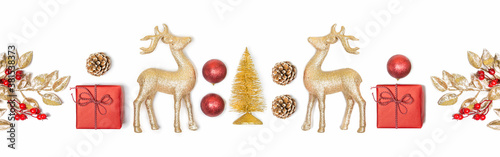 Christmas banner - gift box, mistletoe, fircones,reindeer and christmas balls in golden and red colors over white background. photo