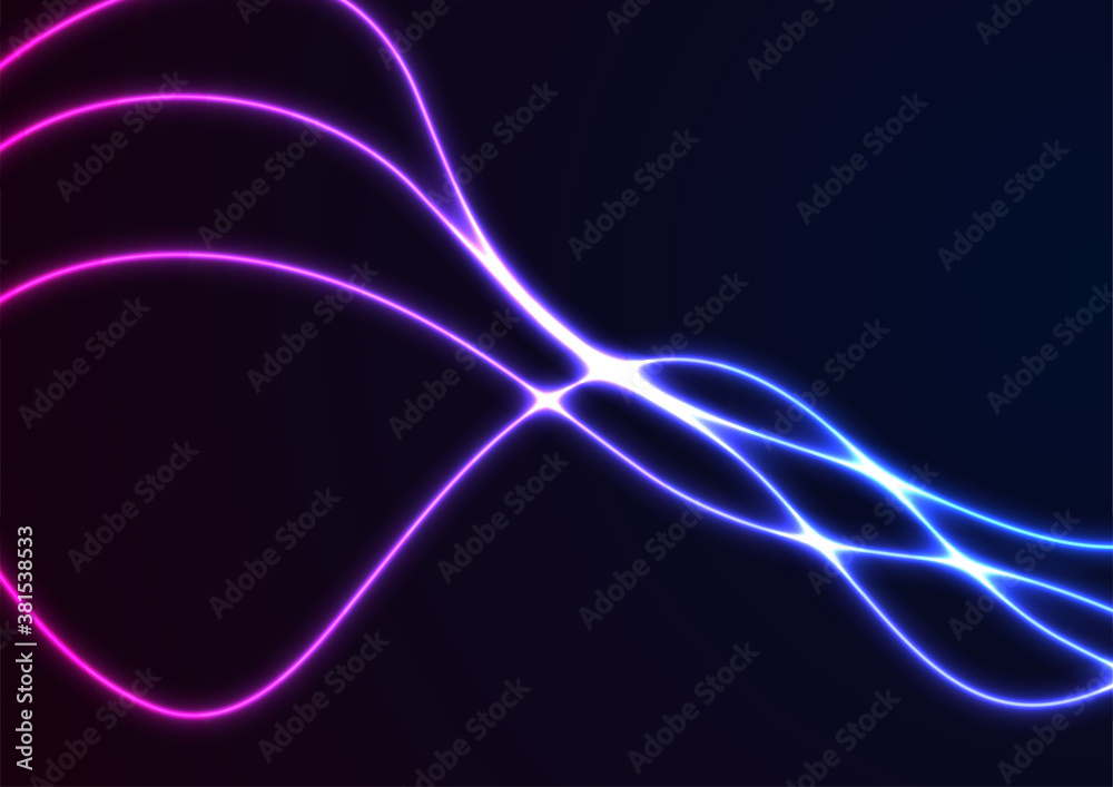 Blue and purple neon glowing smooth wavy lines abstract background. Technology luminous vector design