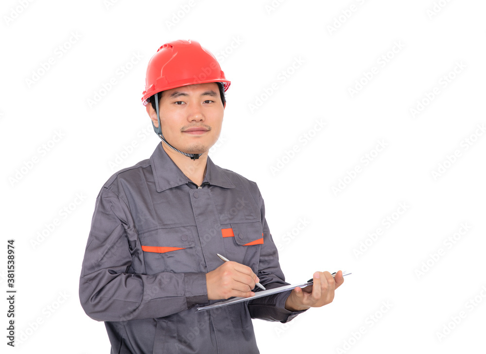 Engineer holding information files in hand and looking at camera smiling in front of white background Engineer holding information files in hand and looking at camera smiling in front of white background
