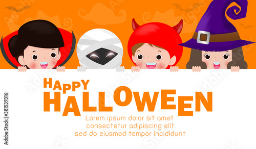 Happy halloween party poster, Cute Little group kids dressed in Halloween fancy dress to go Trick or Treating, kids holding sign banner background, Template for brochure isolated Vector Illustration