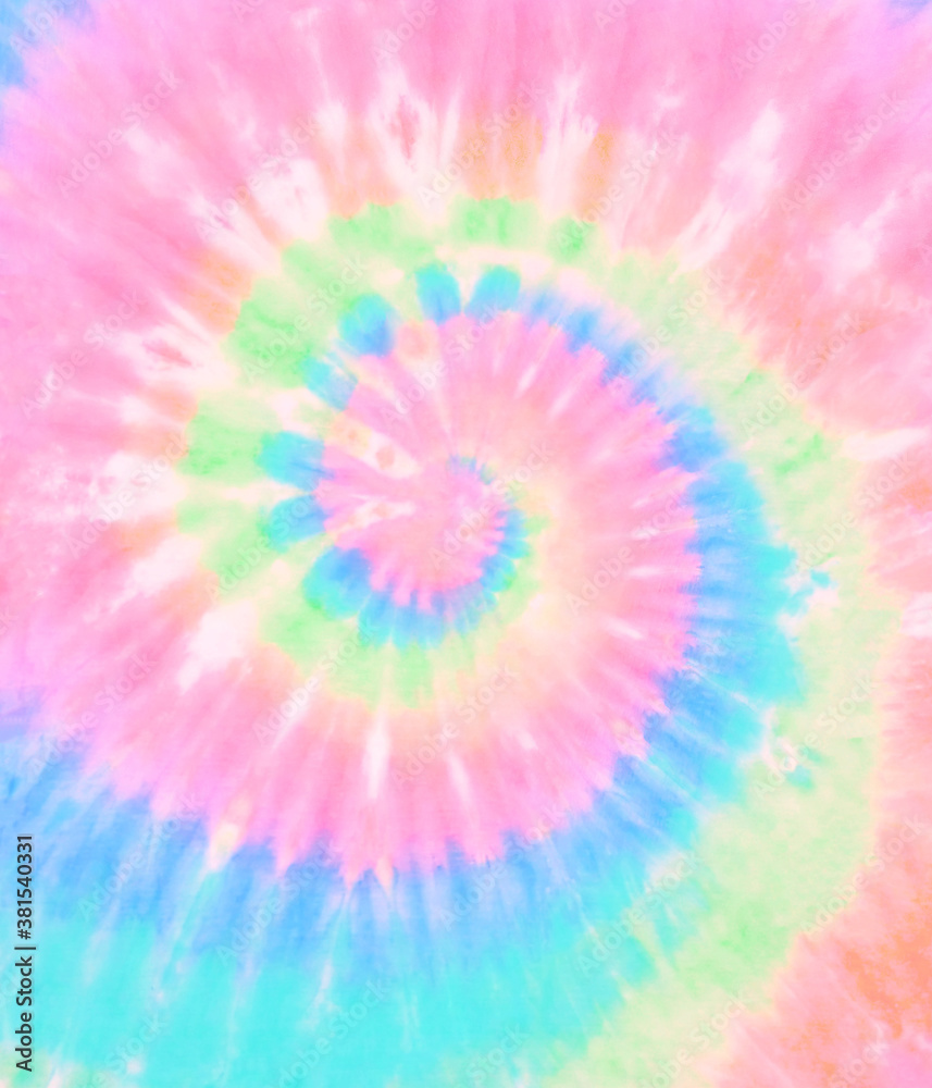 Spiral tie dye pattern. Swirl rainbow tie-dye wallpaper. Hippie boho tiedye texture backdrop. Pink blue green. - obrazy, fototapety, plakaty 