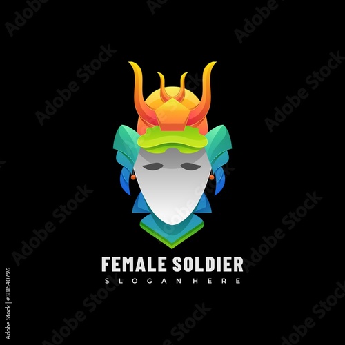 Vector Logo Illustration Female Soldier Gradient Colorful Style.