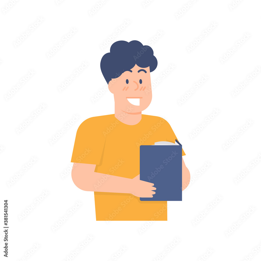illustration of a boy holding and reading a book. the concept of a child learning and increasing knowledge. Bookworm design element, flat style. UI. education concept. 
