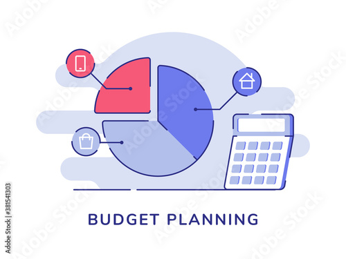 Budget planing pie chart shopping smartphone mortgage calculator white isolated background with flat outline style