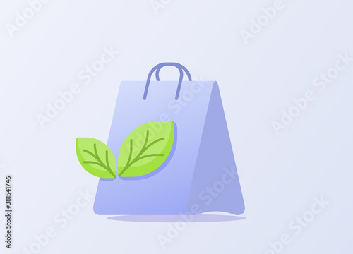 Eco bag concept leaf on paper bag white isolated background with flat style