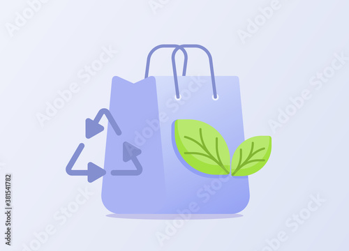 Green bag concept leaf recycling symbol on shopping bag white isolated background with flat style