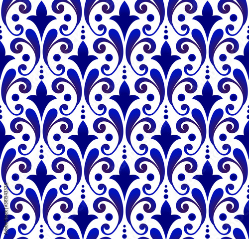 decorative floral ornament backdrop baroque style, porcelain pottery, cute blue and white ceramic background for design texture, tile, silk and fabric, vintage damask pattern seamless wallpaper vector