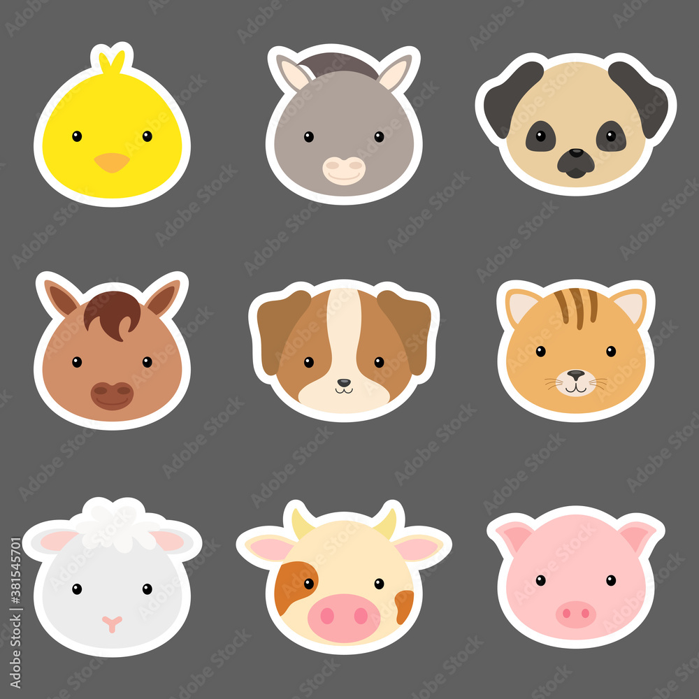 Set of cute funny animal heads stickers. Domestic cartoon animal characters for baby print design, kids wear, baby shower, greeting and invitation card, wall decor. Flat vector stock illustration Set of cute funny animal heads stickers. Domestic cartoon animal characters for baby print design, kids wear, baby shower, greeting and invitation card, wall decor. Flat vector stock illustration