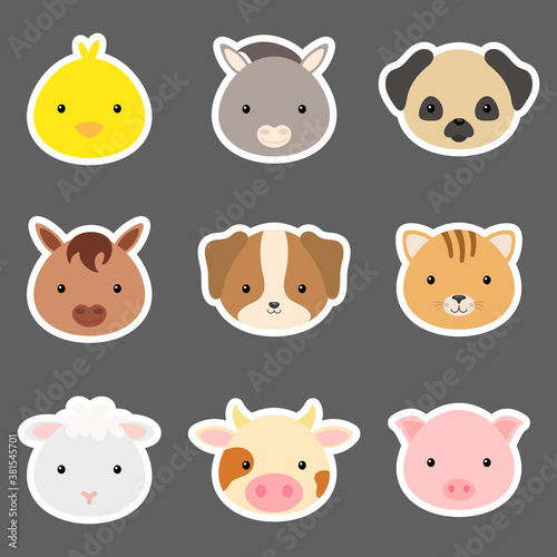 Set of cute funny animal heads stickers. Domestic cartoon animal characters for baby print design, kids wear, baby shower, greeting and invitation card, wall decor. Flat vector stock illustration