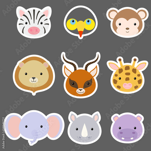Set of cute funny animal heads stickers. African cartoon animal characters for baby print design  kids wear  baby shower  greeting and invitation card  wall decor. Flat vector stock illustration