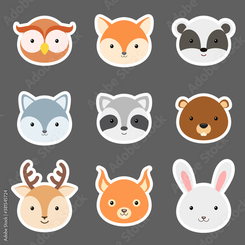 Set of cute funny animal heads stickers. Woodland cartoon animal characters for baby print design, kids wear, baby shower, greeting and invitation card, wall decor. Flat vector stock illustration