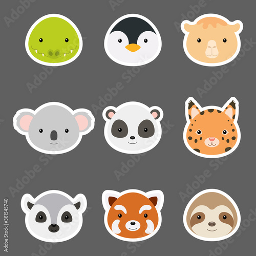 Set of cute funny animal heads stickers. Wild cartoon animal characters for baby print design, kids wear, baby shower, greeting and invitation card, wall decor. Flat vector stock illustration