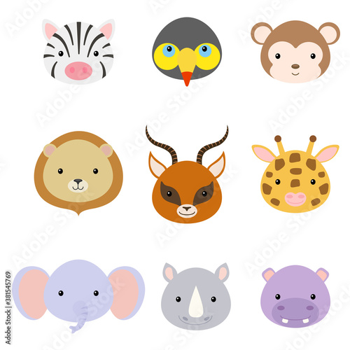 Cute funny animal heads. African cartoon animal characters for baby print design  kids wear  baby shower celebration  greeting and invitation card  wall decor. Flat vector stock illustration