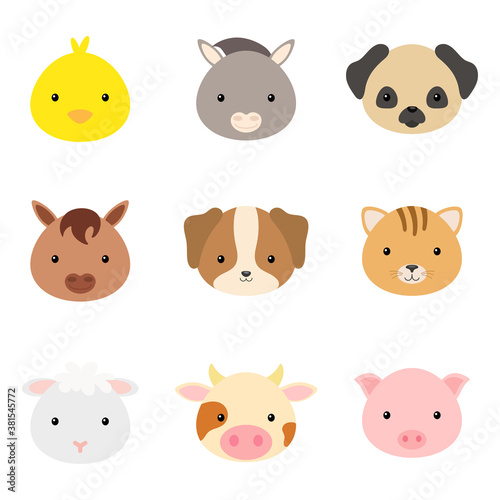 Cute funny animal heads. Domestic cartoon animal characters for baby print design, kids wear, baby shower celebration, greeting and invitation card, wall decor. Flat vector stock illustration