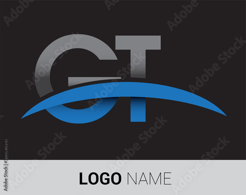 GT initial logo company name colored grey and blue swoosh design.