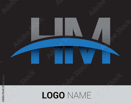 HM initial logo company name colored grey and blue swoosh design.