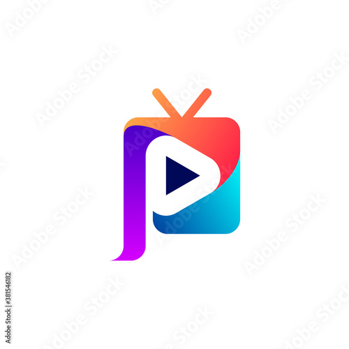 letter P with television and play button logo design