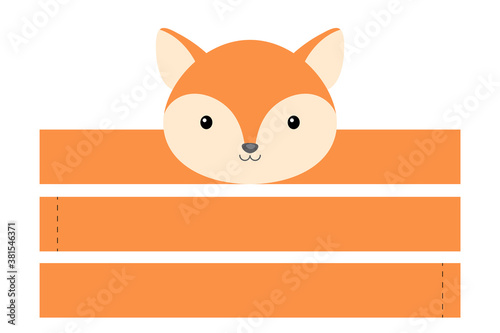 Printable fox paper hat. Party crown die cut template for birthday, christmas, baby shower. Fun accessory for entertainment. Paper crown mock up isolated on white background. Print, cut and glue.
