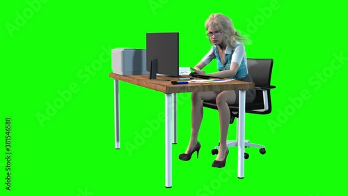 3d animation of a female avatar girl sitting at a table using a computer and then sitting back and talking.