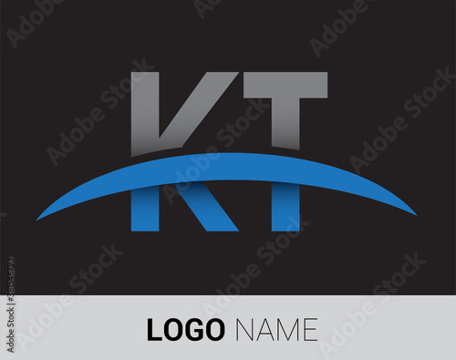 KT initial logo company name colored grey and blue swoosh design. photo