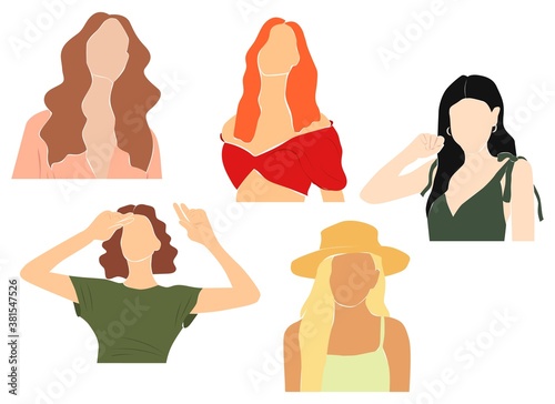 Set of portraits of young women. Abstract image of people. Modern style. People of different ethnic groups. Isolated vector illustration