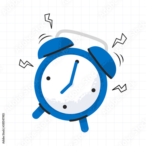 alarm clock icon. Hand drawn doodle illustration ringing simple blue alarm clock minimalism. Back to school concept