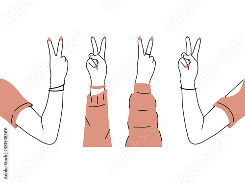 Collection of arm holding up peace with front and back view hand drawn flat vector illustration