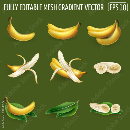 Set of banana compositions on a dark green background.