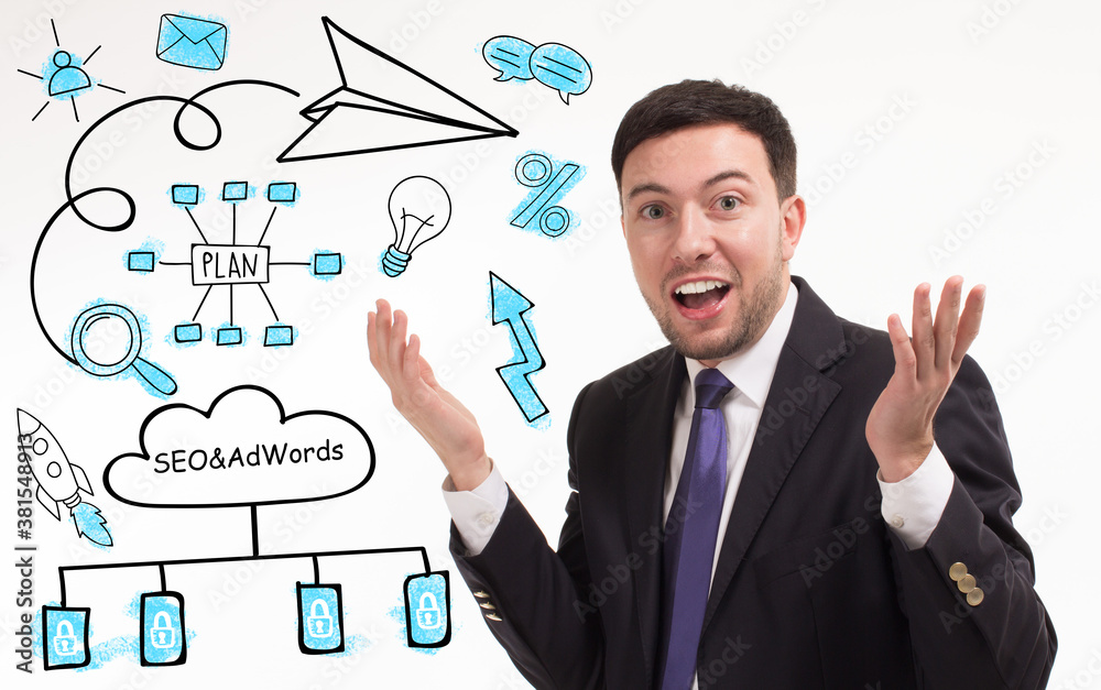 Business, technology, internet and network concept. Young businessman thinks over the steps for successful growth: SEO&AdWords Business, technology, internet and network concept. Young businessman thinks over the steps for successful growth: SEO&AdWords