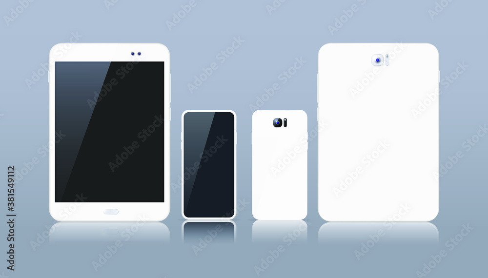 Realistic Electronic White Devices on Grey Background . Tablet and Smartphone with Empty Screen . Isolated Vector Elements Realistic Electronic White Devices on Grey Background . Tablet and Smartphone with Empty Screen . Isolated Vector Elements