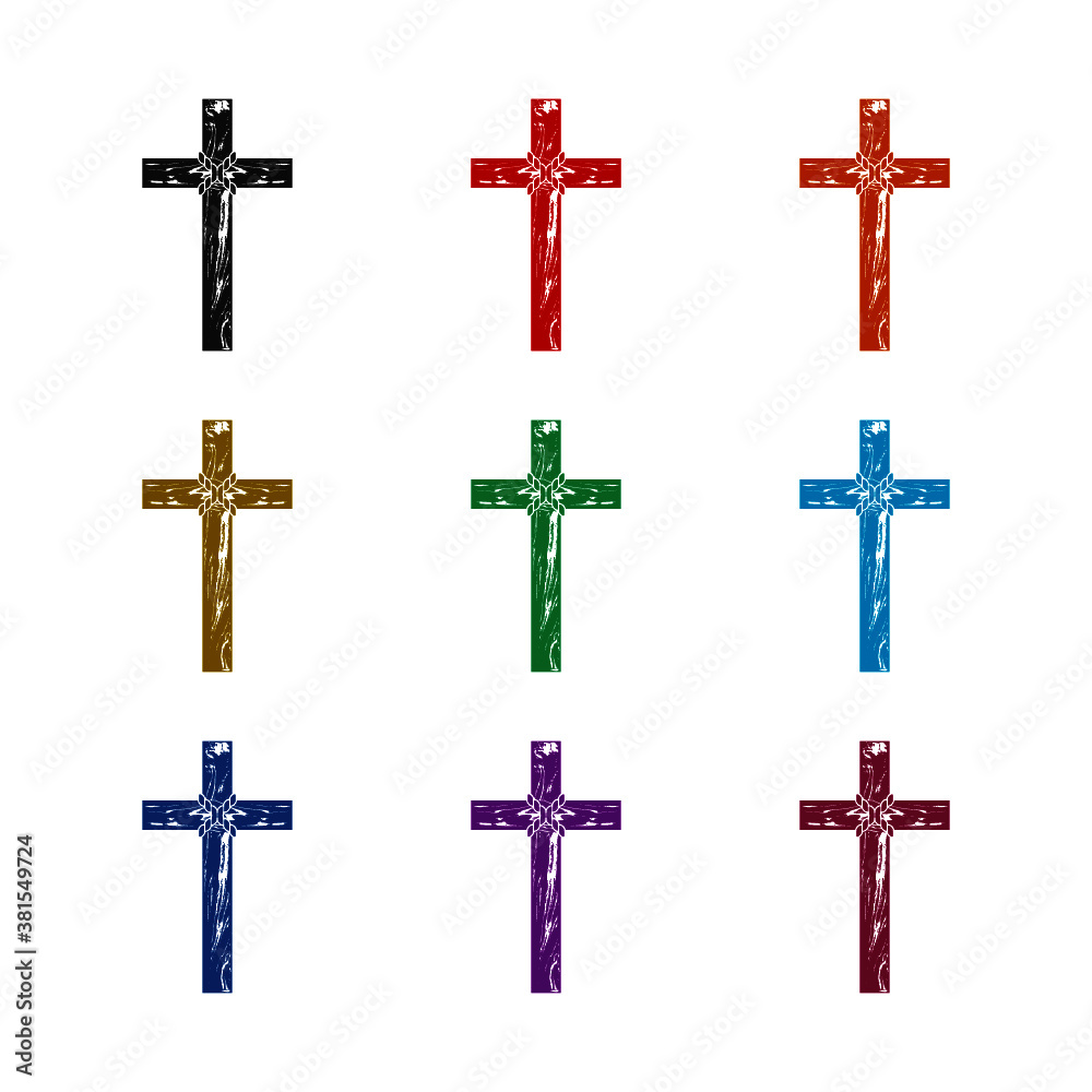 Wooden Christian cross icon, color set