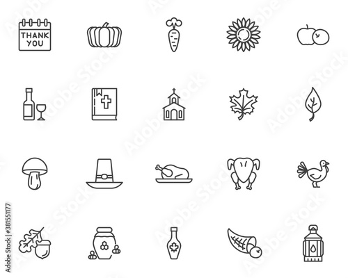 Thanksgiving day line icons set. linear style symbols collection, outline signs pack. vector graphics. Set includes icons as calendar day, maple syrup food, pilgrim hat, poultry turkey, horn of plenty