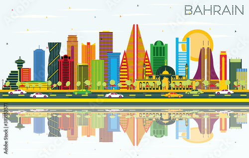 Bahrain City Skyline with Color Buildings, Blue Sky and Reflections.