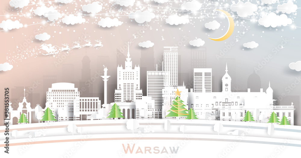 Warsaw Poland City Skyline in Paper Cut Style with Snowflakes, Moon and Neon Garland.