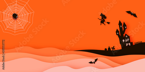 Happy Halloween Banner. Witch Silhouette witch flying on broomstick. Mystical night with bat, web, spiders, graveyard. Paper craft art. Space for text.