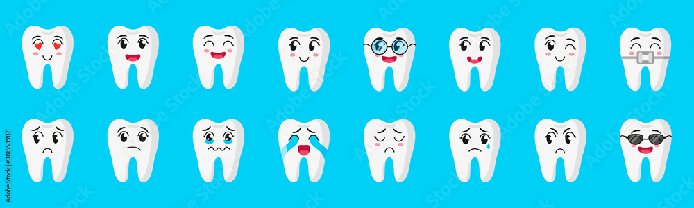 Vector cartoon set of cute characters of teeth with different emotions: happy, sad, crying, joyful, smiling, laughing Vector cartoon set of cute characters of teeth with different emotions: happy, sad, crying, joyful, smiling, laughing