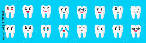 Vector cartoon set of cute characters of teeth with different emotions: happy, sad, crying, joyful, smiling, laughing
