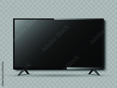New Version of High Detailed Black Slim Realistic TV isolated on Transparent Background. Front View Display. Device Mockup Separate Groups and Layers. Easily Editable Vector. EPS 10. PNG