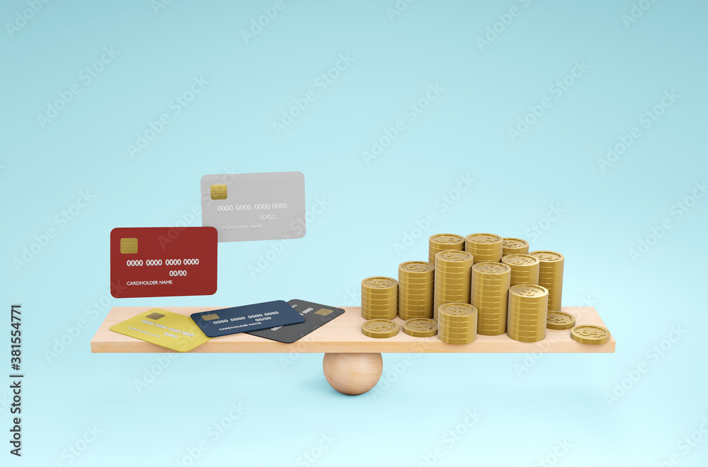 Money and credit card in balance, money picture concept, 3D illustration.